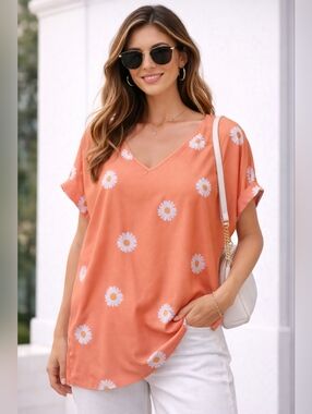 Coral Daisy Print V-Neck Tunic Top | Flowy Short Sleeve Summer Blouse  - Size 12